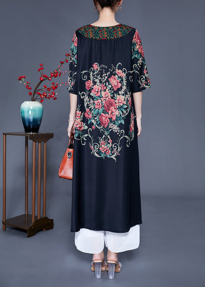 Black O-neck Print Silk Holiday Dress Half Sleeve