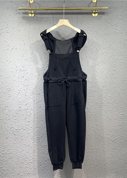 Black Pockets Drawstring Patchwork Cotton Overalls Jumpsuit Fall
