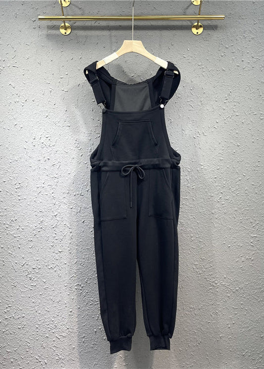 Black Pockets Drawstring Patchwork Cotton Overalls Jumpsuit Fall