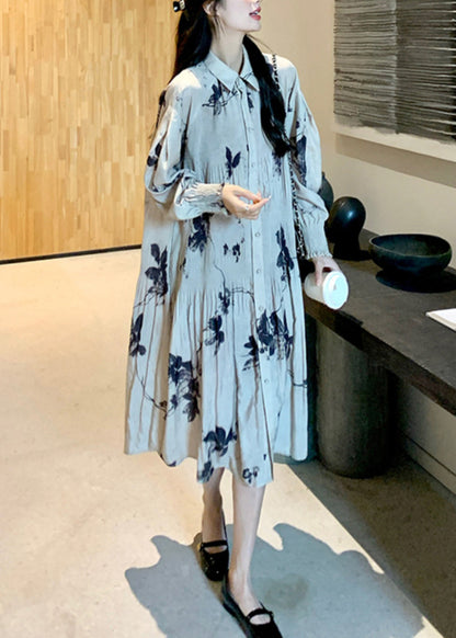 Chinese Style Wrinkled Print Button Collar Long Dresses Lantern Sleeve Spring