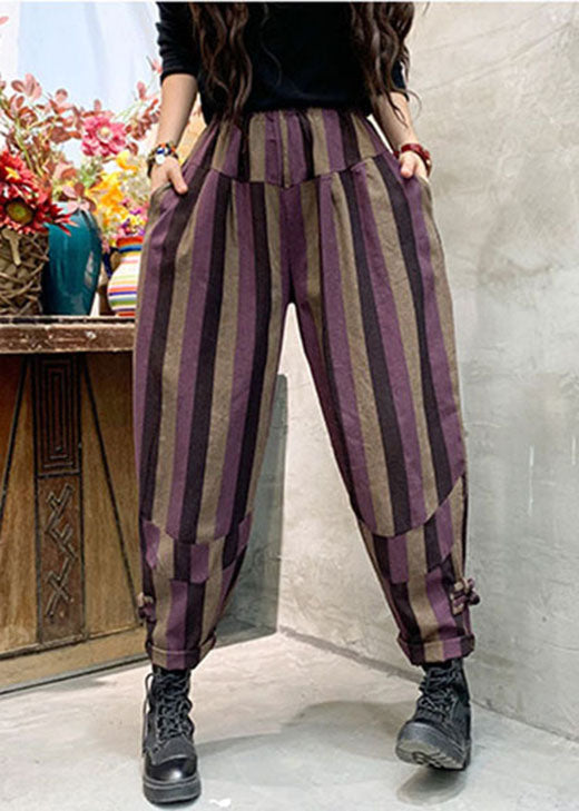 Purple Striped Patchwork Cotton Harem Pants Spring