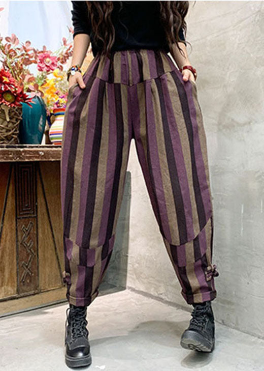 Purple Striped Patchwork Cotton Harem Pants Spring