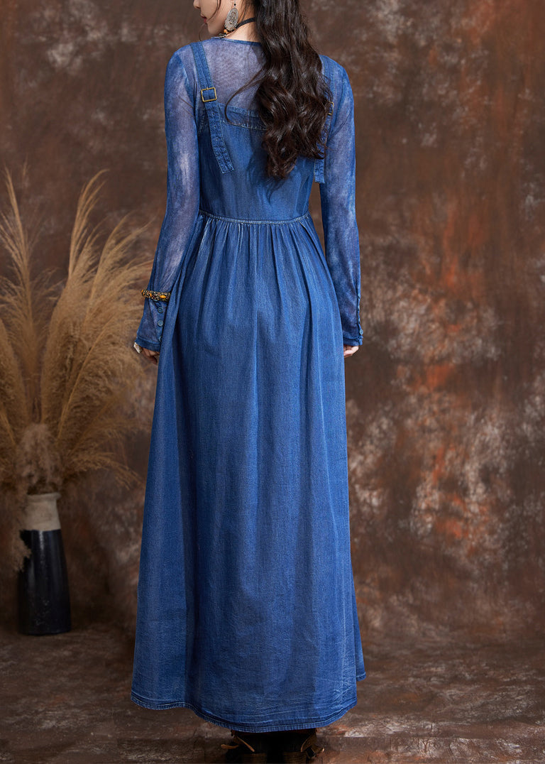 Navy O-neck Embroidered Button Robe Denim Dresses Spring