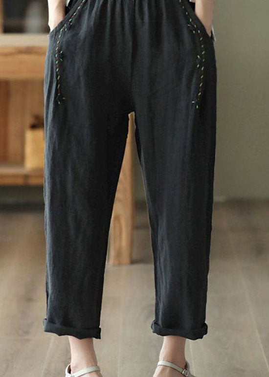 Black Pocketspatchwork Linen Pants Summer