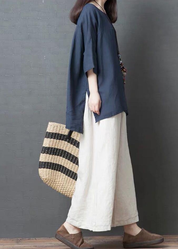 Handmade Blue Linen Cotton Low High Design Shirt Top