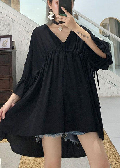 Black V Neck Cinched Low High Design Top