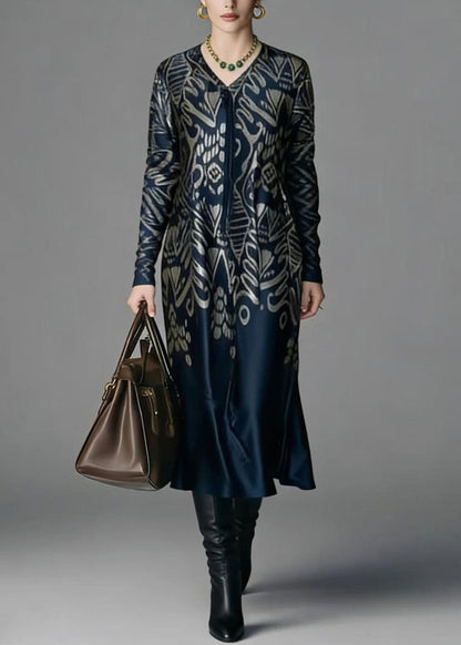 V Neck Print Silk Dress Spring