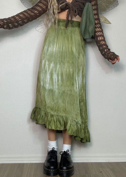 Green Wrinkled Patchwork Print Cotton Skirt Spring