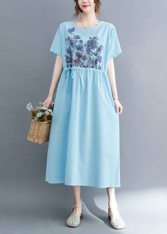 French Light Blue O-neck Print Drawstring Cotton Vacation Dress Short Sleeve