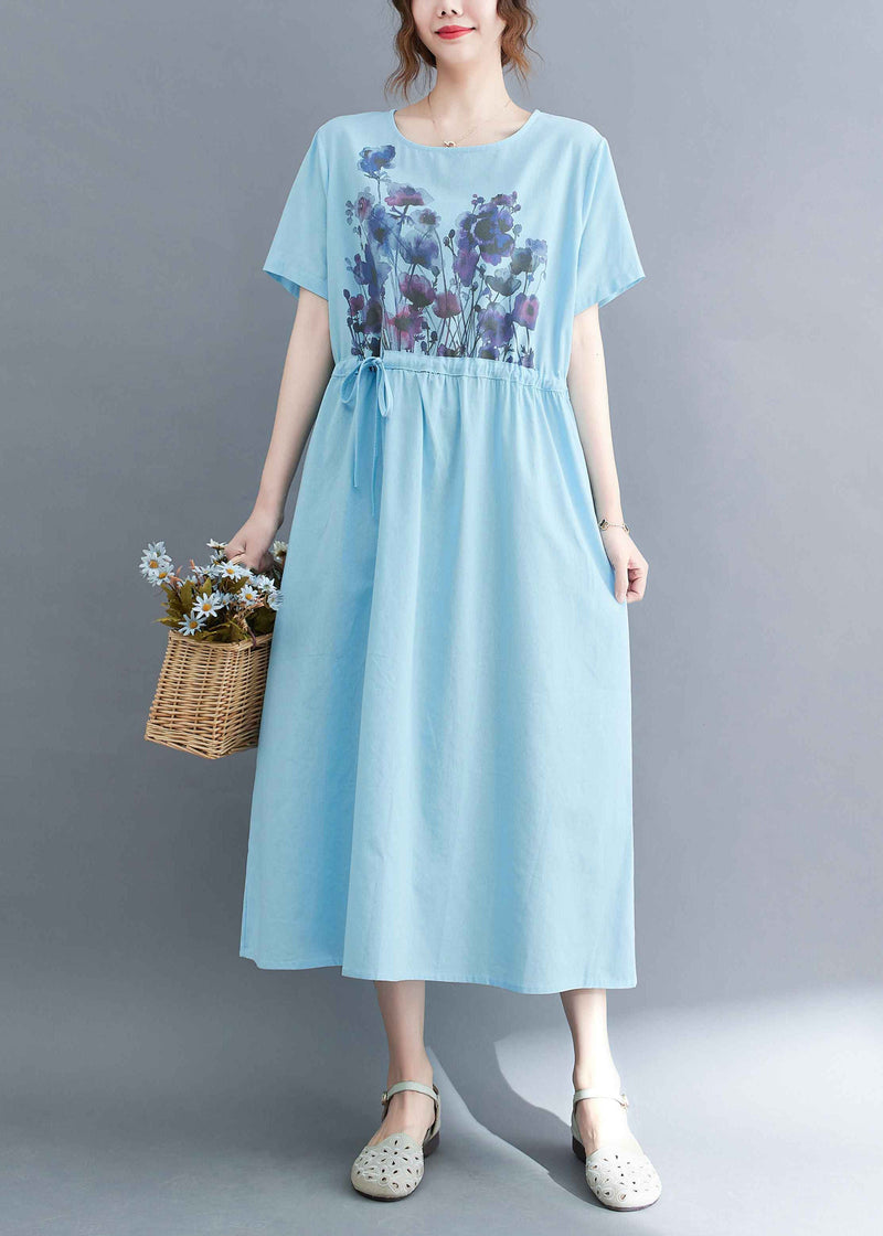 French Light Blue O-neck Print Drawstring Cotton Vacation Dress Short Sleeve