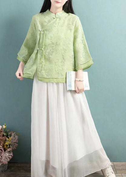 Green Stand Collar Tasseled Patchwork Tulle Shirt Tops Fall