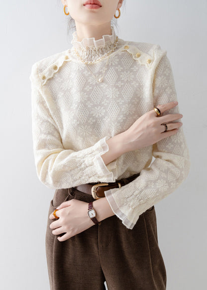 Apricot Stand Collar Jacquard Lace Shirt Top Spring
