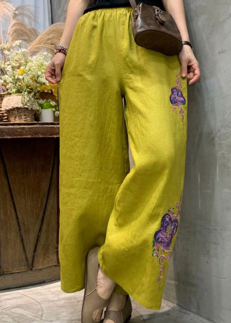 Yellow Embroideried Linen Wide Leg Pants Summer