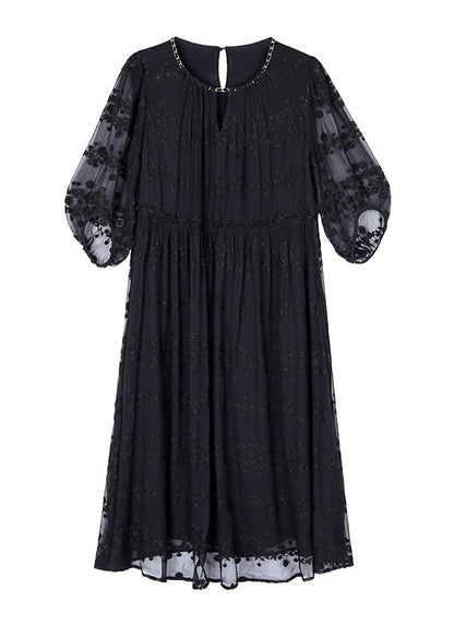 Black Embroidered Silk Long Dresses Bracelet Sleeve Summer