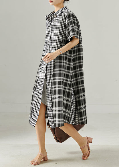 Grey Oversized Patchwork Plaid Linen Robe Dresses Summer
