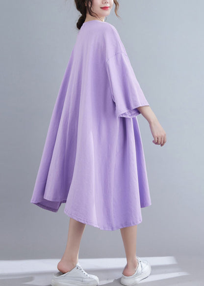 Purple O-neck Long Dress Long Sleeve