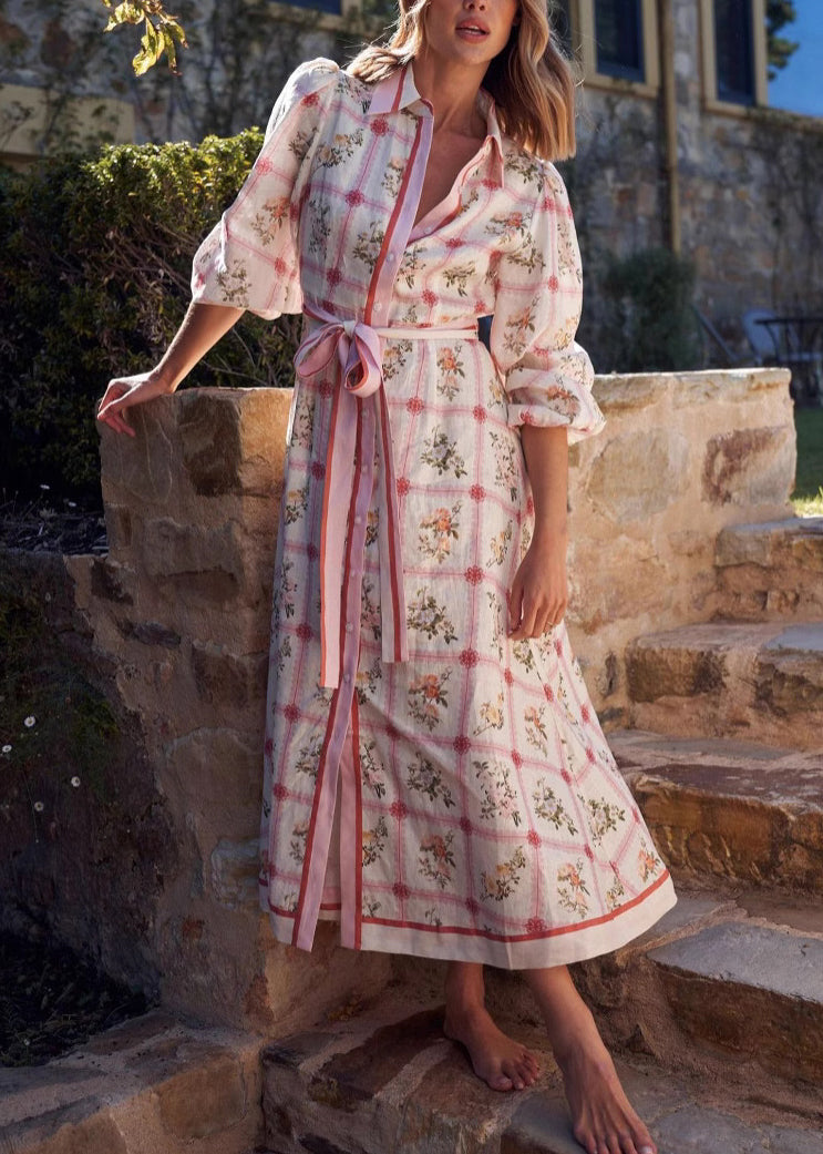 Peter Pan Collar Print Lace Up Cotton Maxi Dresses Summer