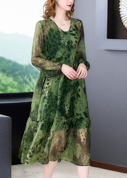 Green V Neck Ruffles Print Chiffon Long Dress Two Piece Set Long Sleeve