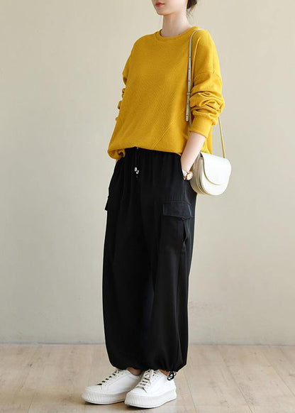 Art Yellow Cotton O Neck Long Sleeve Loose Sweatshirt