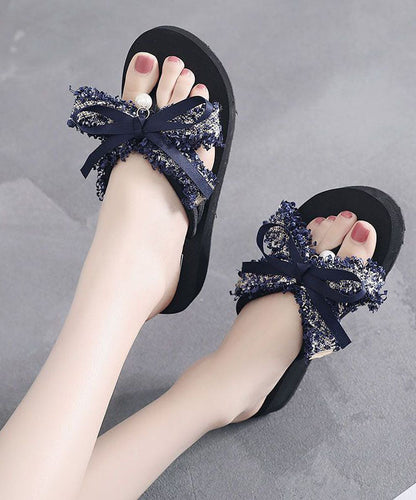 Beige Bow Linen Fabric Beach Slide Sandals