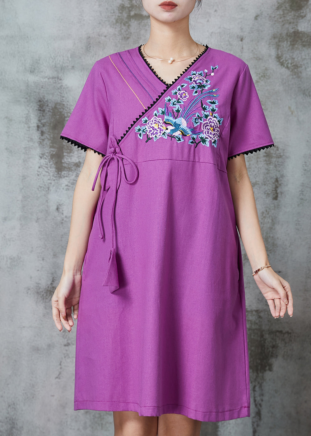 Purple Embroidered Cotton Maxi Dress Summer