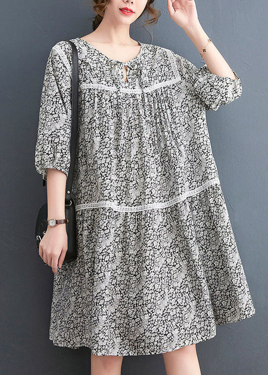 French O-neck Lace Patchwork Print Cotton Mid Dress Three Quarter Sleeve