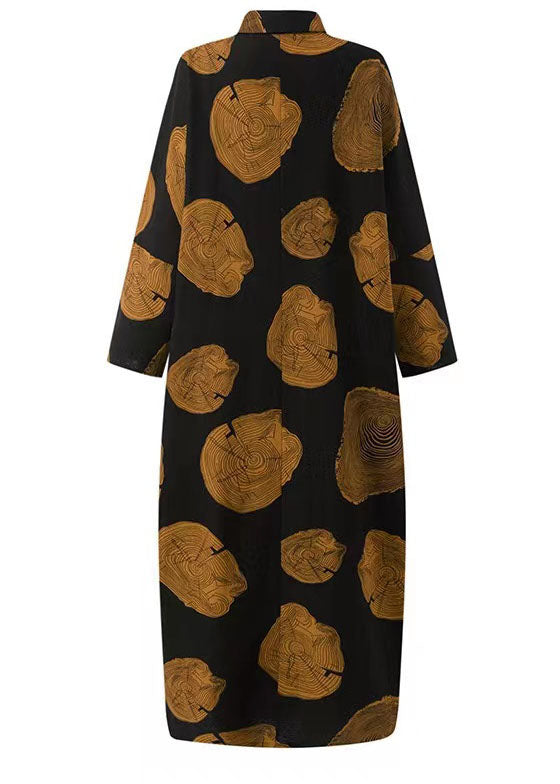 Printing Loose Long Sleeve Button Maxi Shirt Dress With Pocket