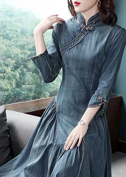 Navy Stand Collar Asymmetrical Design Ruffles Cotton Denim Dresses Long Sleeve