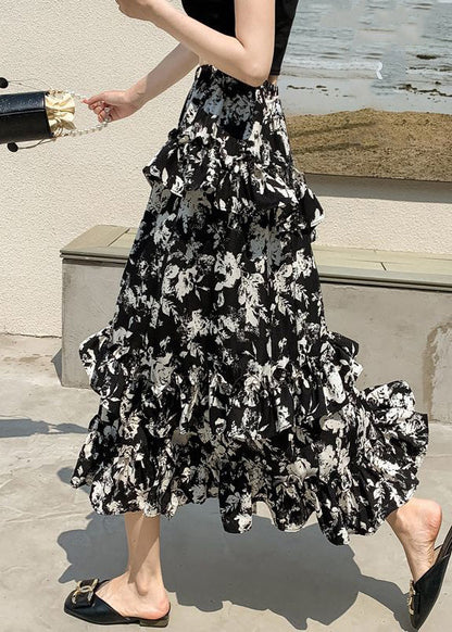 Black Ruffled Print Side Open Chiffon Skirts Spring