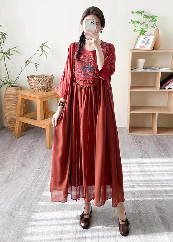 Loose Black O Neck Print Patchwork Silk Dress Summer