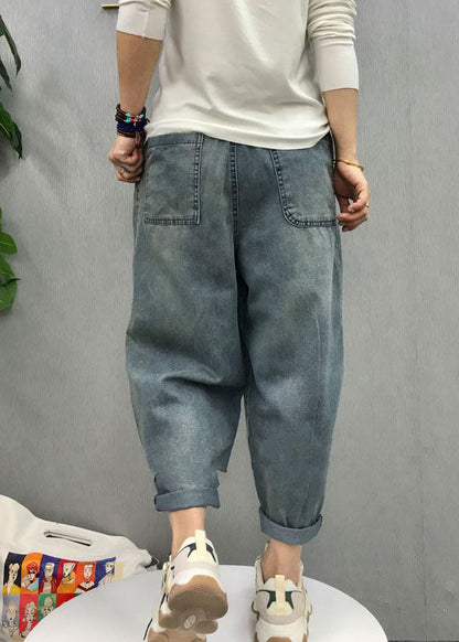 Blue Elastic Waist Patch Applique Denim Pants Spring
