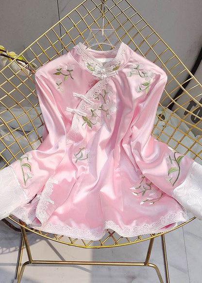 Blue Embroideried Stand Collar Patchwork Silk Tops Half Sleeve