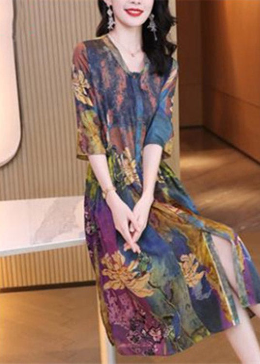 V Neck Print Cinched Button Dresses Half Sleeve