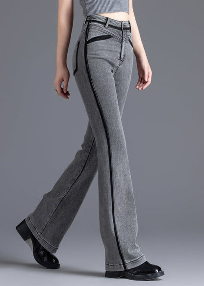 Grey Silm Fit Patchwork Denim Bell-bottom Trousers Spring