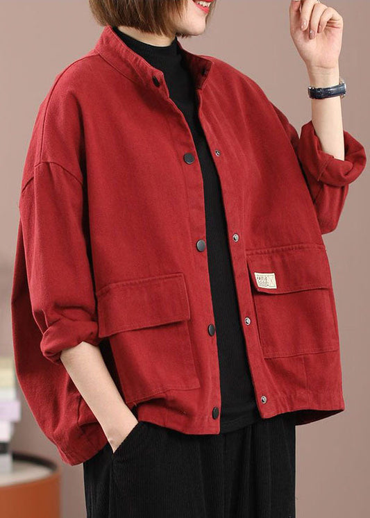 Red Pockets Patchwork Denim Jackets Spring