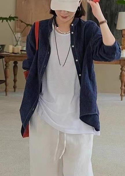 Navy Oversized Linen Shirt Top Fall
