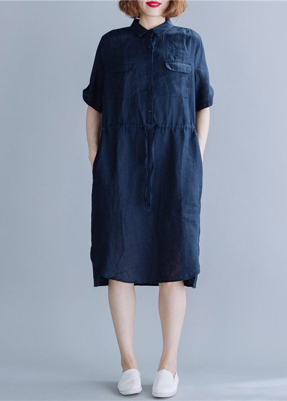 Navy Side Open Button Pockets Shirt Dress Short Sleeve