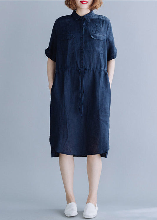Navy Side Open Button Pockets Shirt Dress Short Sleeve