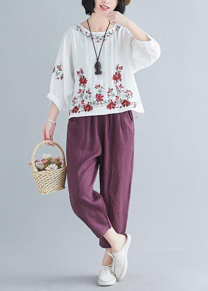 White Embroideried Shirt Summer Cotton Linen