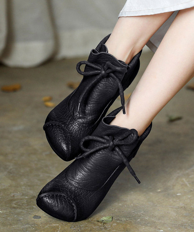 Chocolate Cowhide Leather Splicing Lace Up Ankle Boots