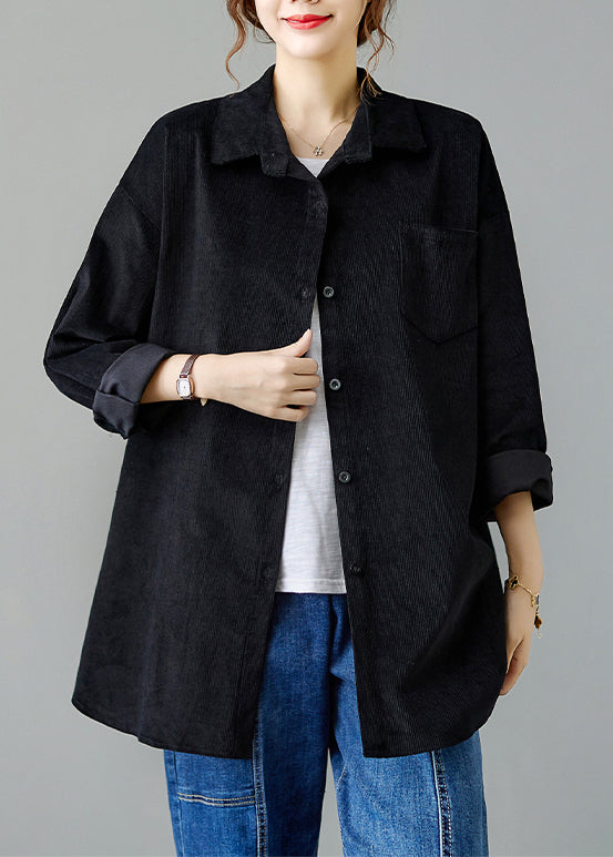Black Peter Pan Collar Pockets Patchwork Corduroy Coats Fall