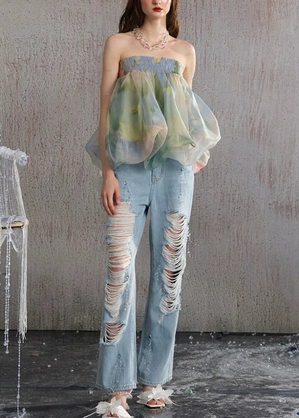 Green Backless Print Chiffon Strapless Vests Summer