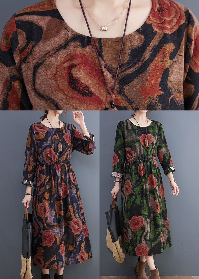Handmade Blue O-neck Cinched Cotton Maxi Dress Long Sleeve