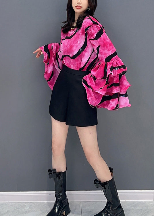 Rose O Neck Striped Patchwork Chiffon Top Petal Sleeve