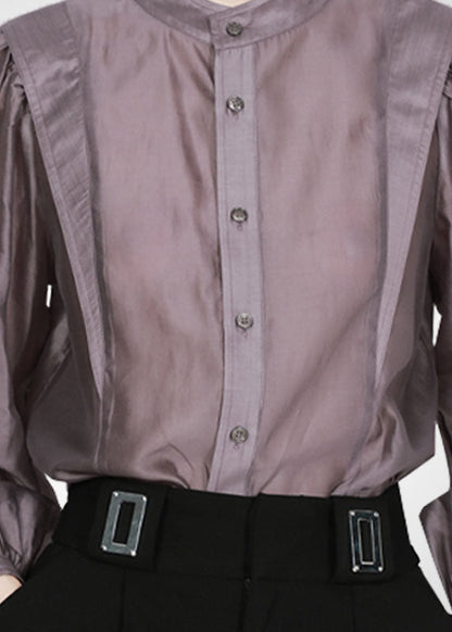 Grey Purple Peter Pan Collar Patchwork Shirt Tops Long Sleeve