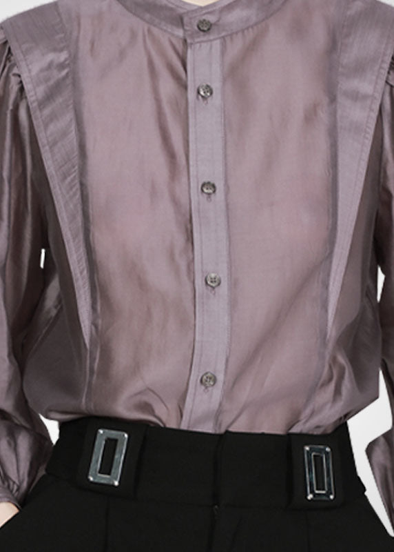 Grey Purple Peter Pan Collar Patchwork Shirt Tops Long Sleeve