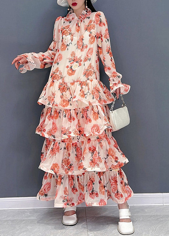 Pink Ruffled Print Layered Chiffon Long Dresses Long Sleeve