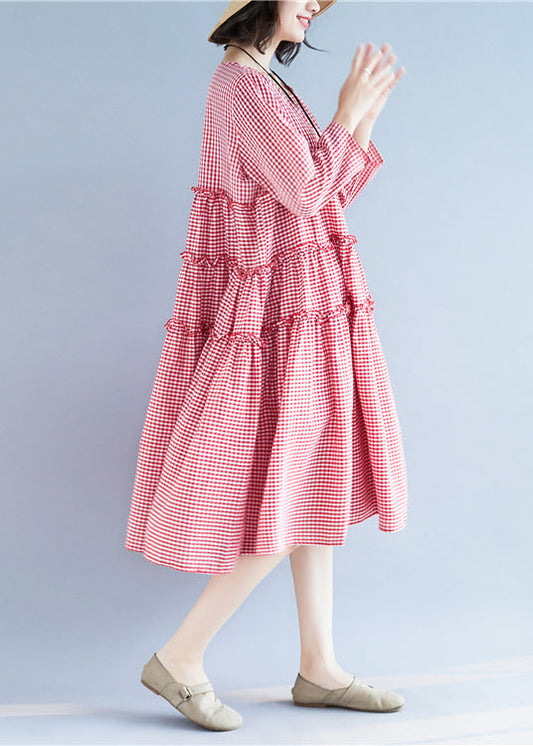 Handmade Red O-neck Ruffled Plaid Holiday Dress Long Sleeve