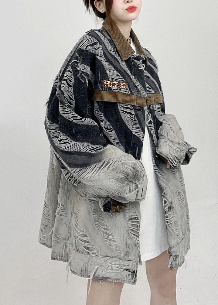Striped Button Hole Patchwork Style Denim Coats Fall