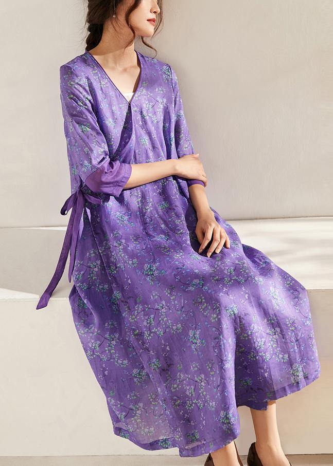 Simple Purple Patchwork Tie Waist Print Summer Ramie Vacation Dress